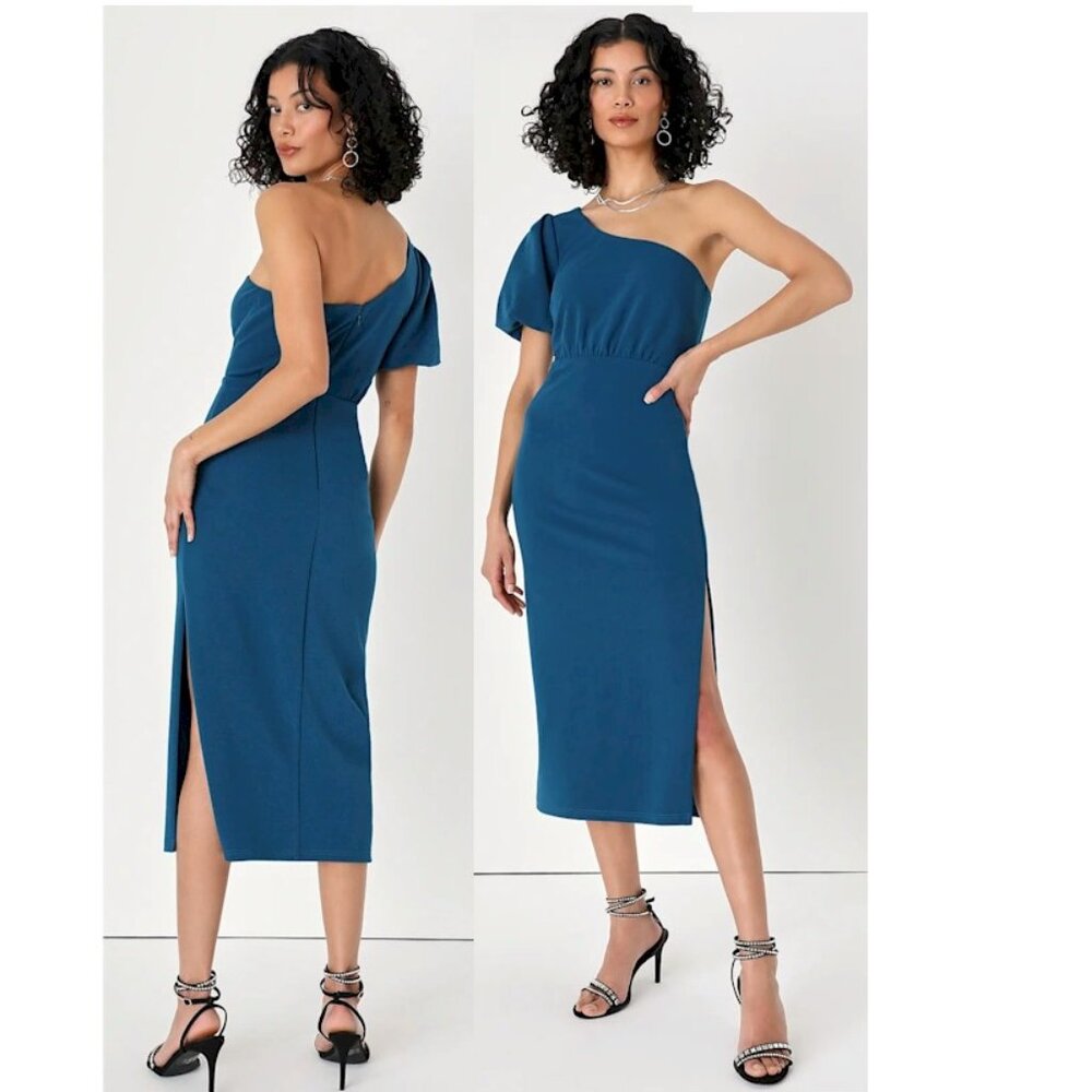 Lulus Ultimate Poise Teal Blue One-Shoulder Midi Dress Size XS NEW NWT - Picture 3 of 9